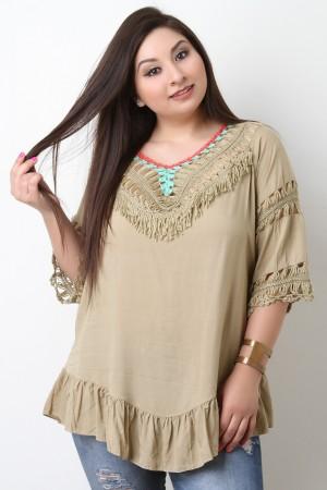 Fringe Crochet Neck Open Back Blouse Top - NoveltyOne