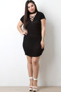 Mock Neck Lattice Yoke Ribbed Dress - NoveltyOne