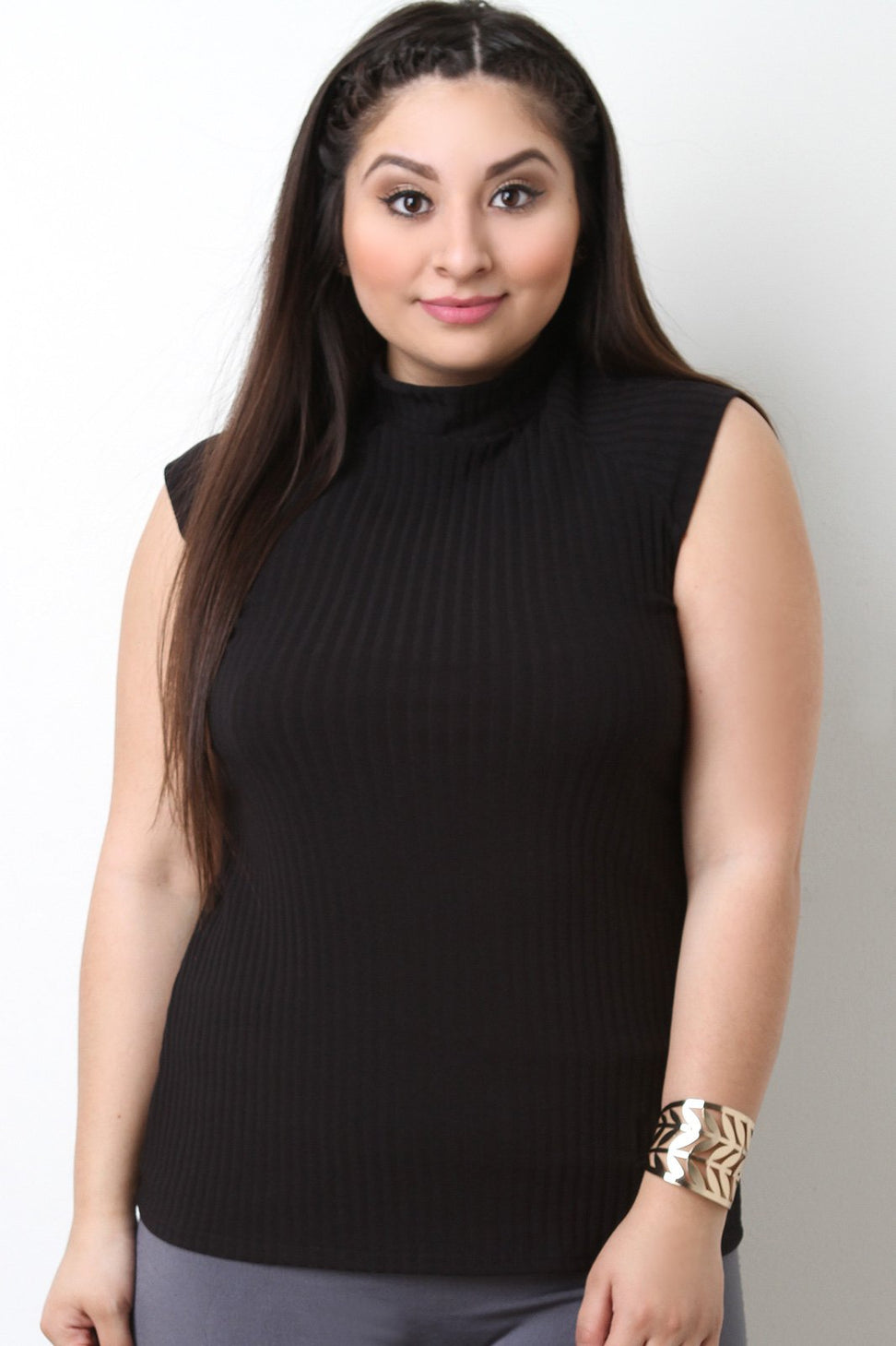 Turtleneck Ribbed Knit Sleeveless Top