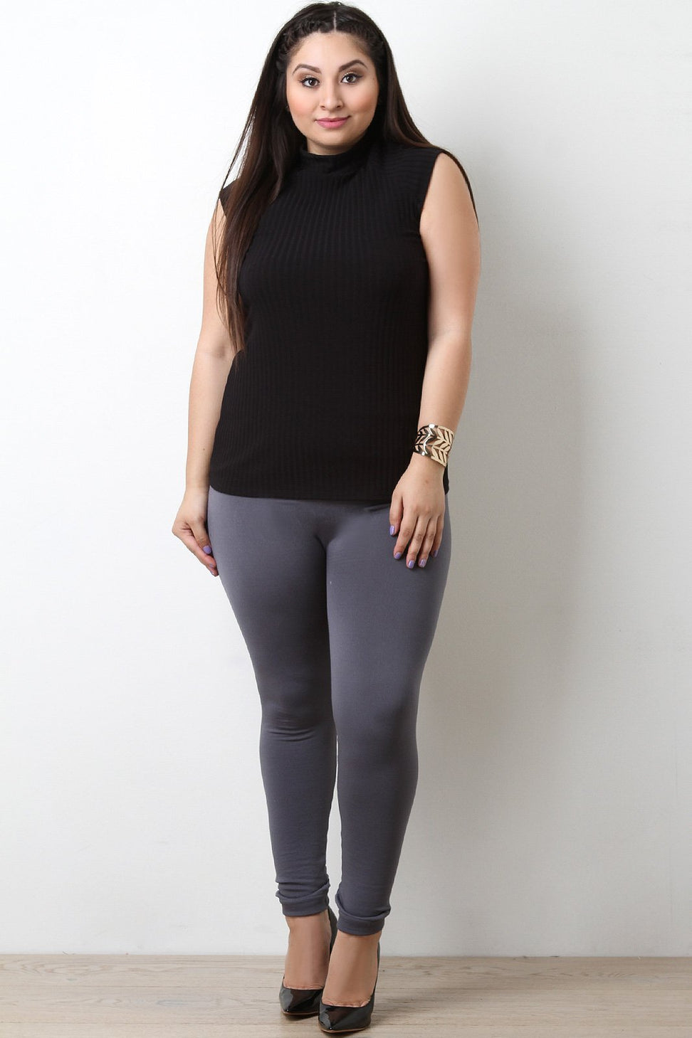 Turtleneck Ribbed Knit Sleeveless Top