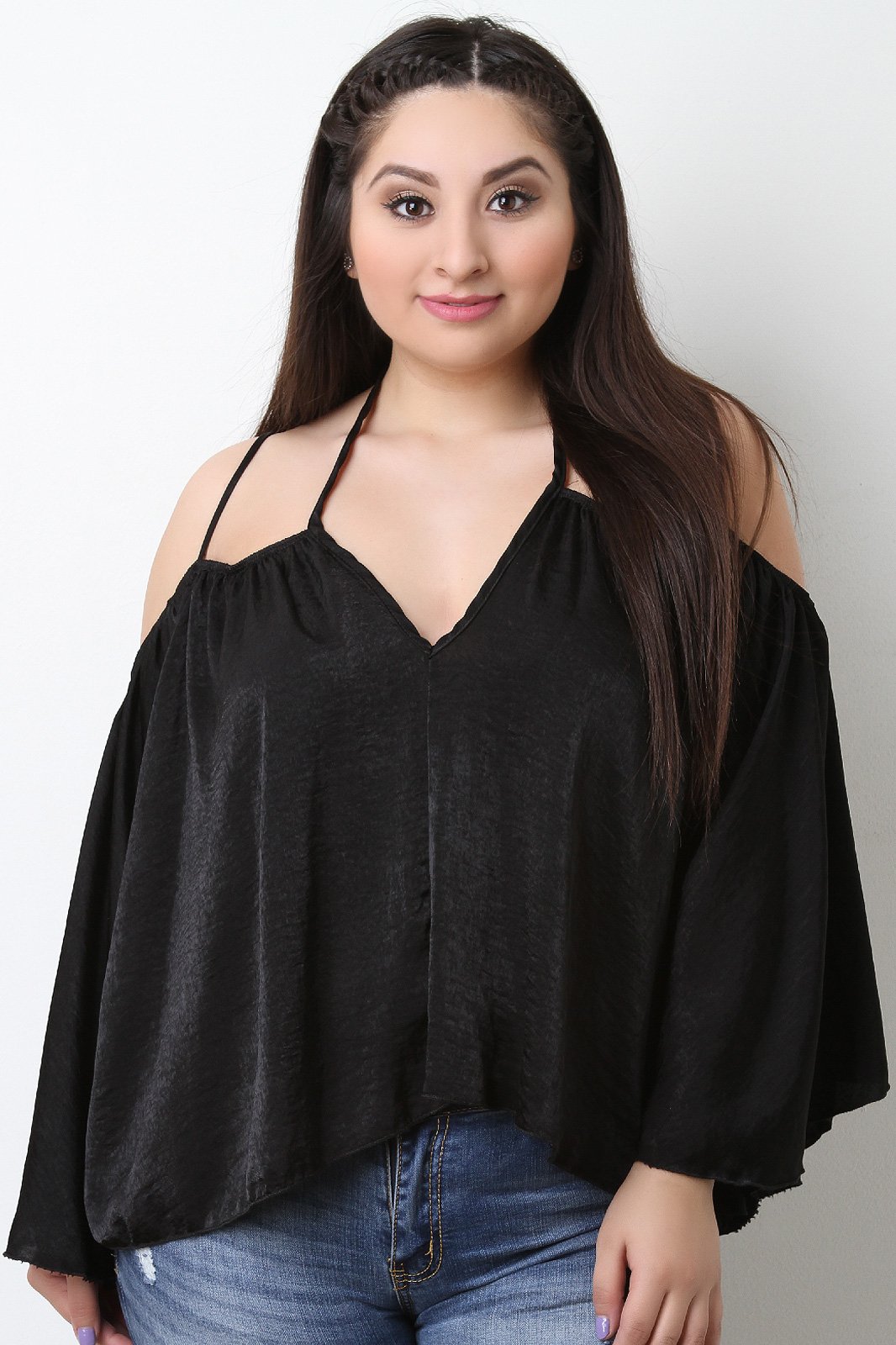 Satin Cold Shoulder Halter Neck Bell Sleeve Top