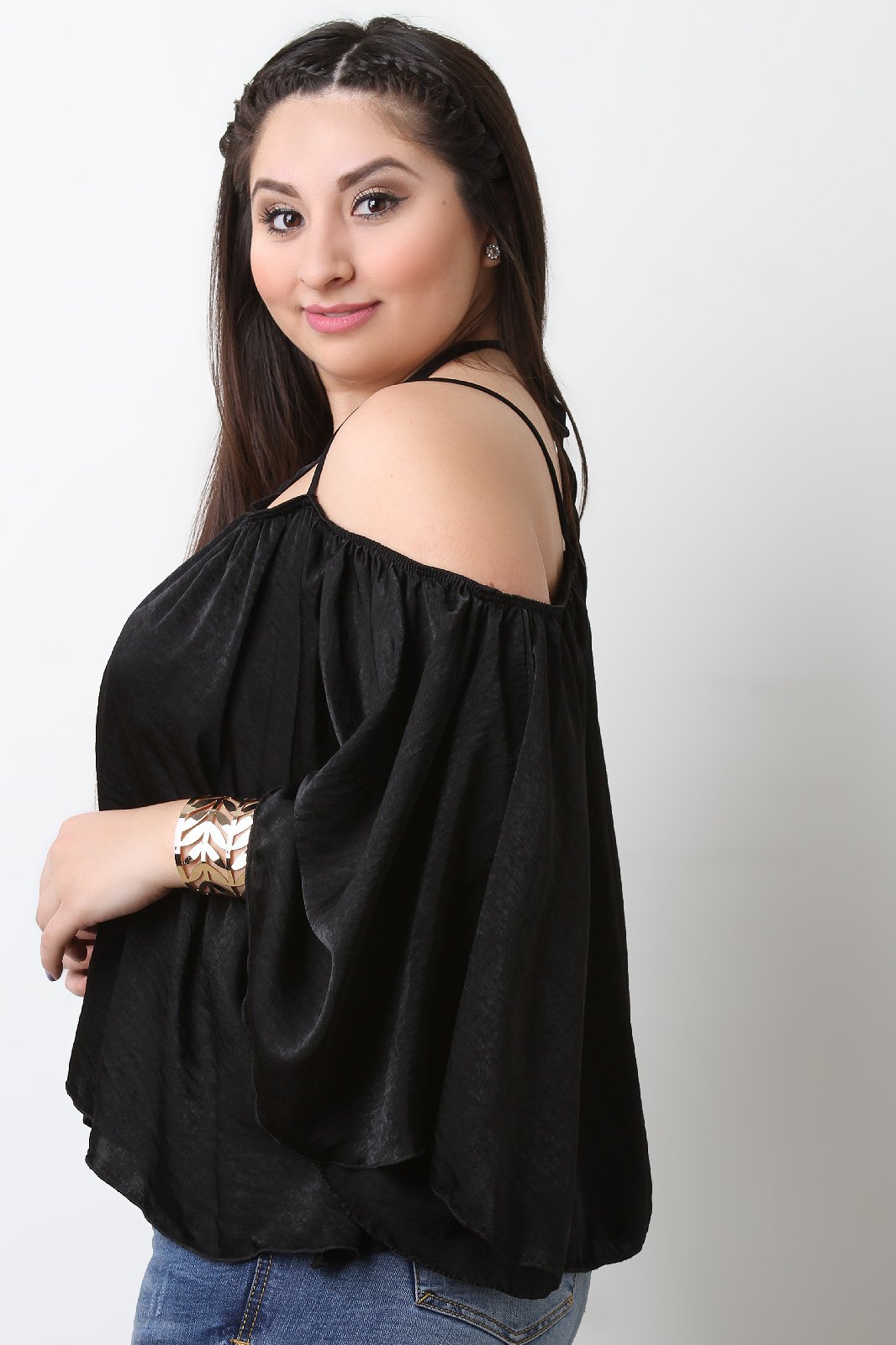 Satin Cold Shoulder Halter Neck Bell Sleeve Top