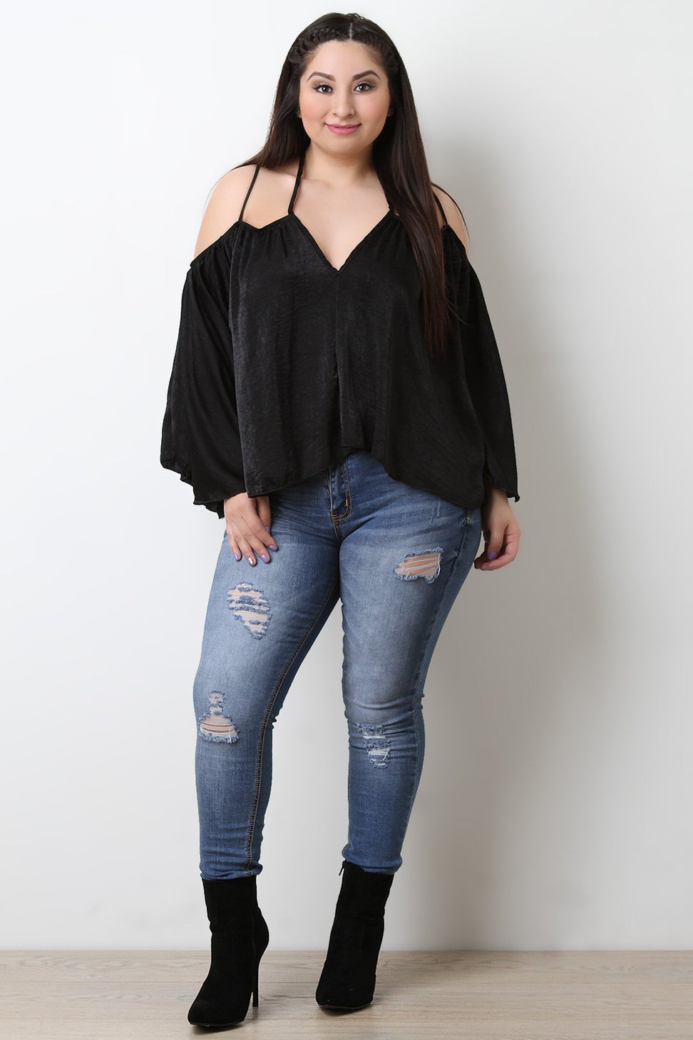 Satin Cold Shoulder Halter Neck Bell Sleeve Top