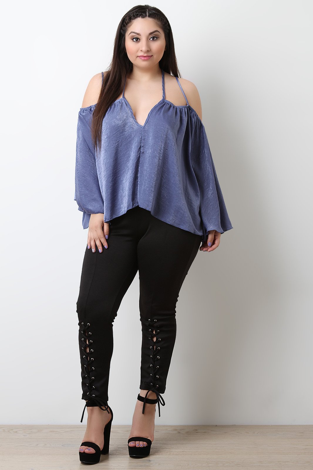 Satin Cold Shoulder Halter Neck Bell Sleeve Top