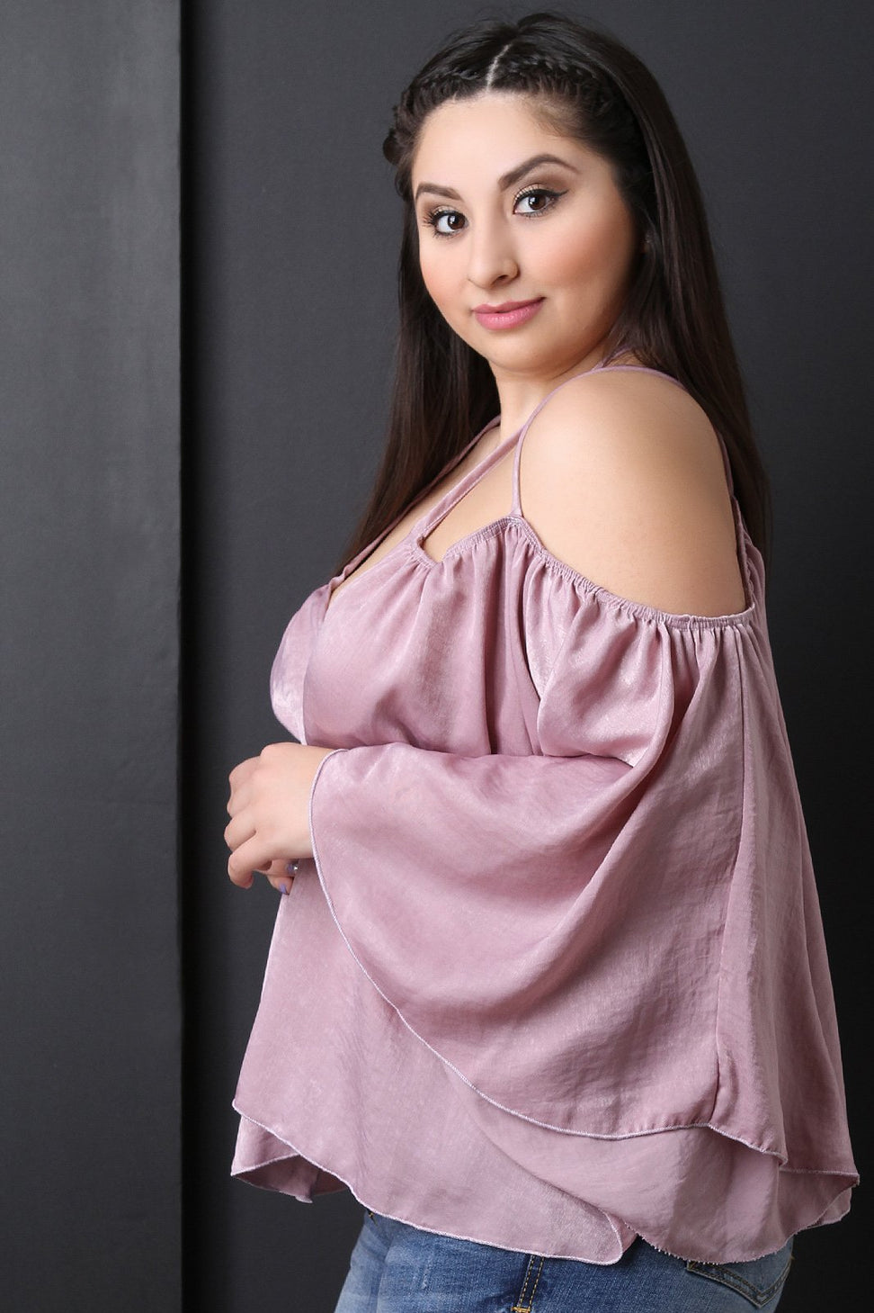 Satin Cold Shoulder Halter Neck Bell Sleeve Top