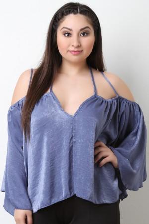 Satin Cold Shoulder Halter Neck Bell Sleeve Top