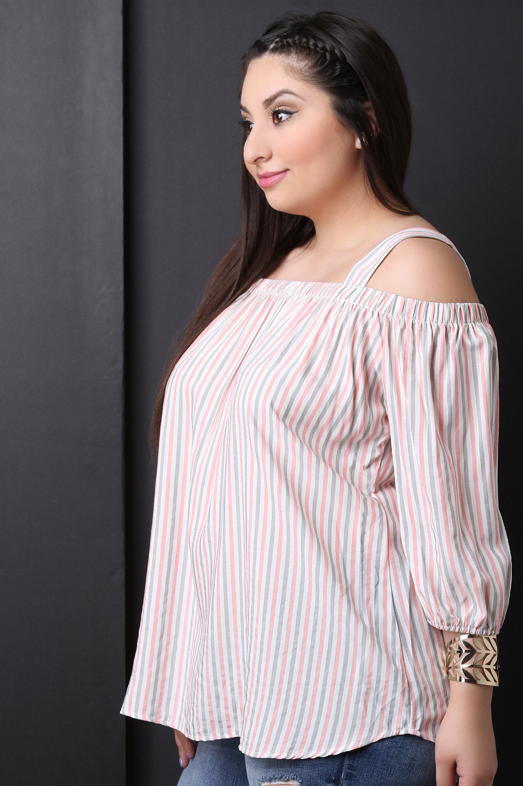 Lightweight Cold Shoulder Striped Top