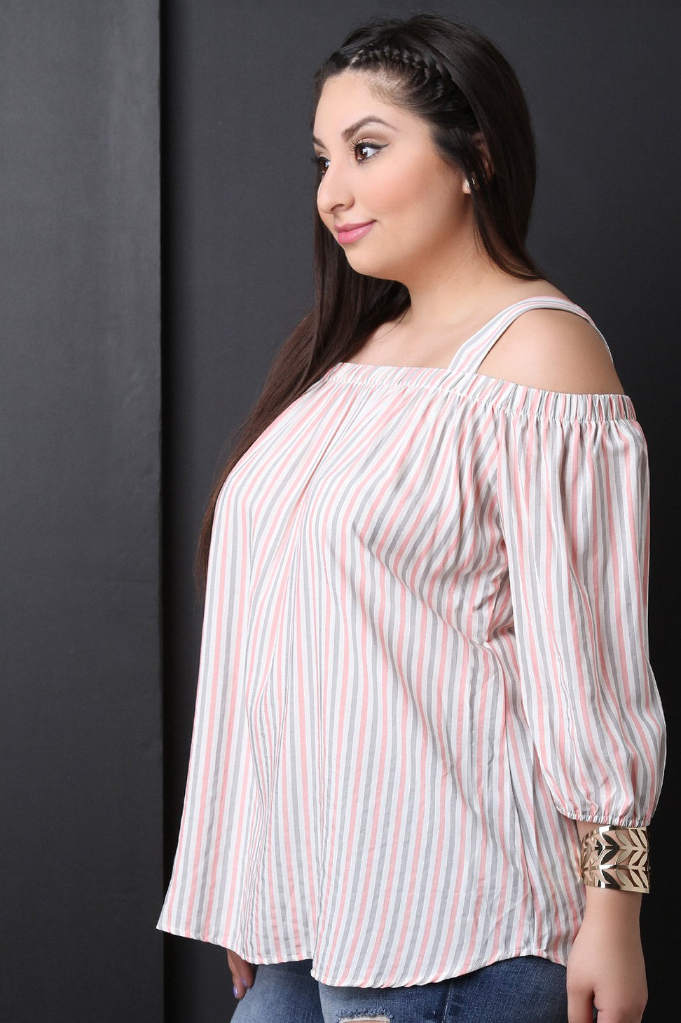 Lightweight Cold Shoulder Striped Top