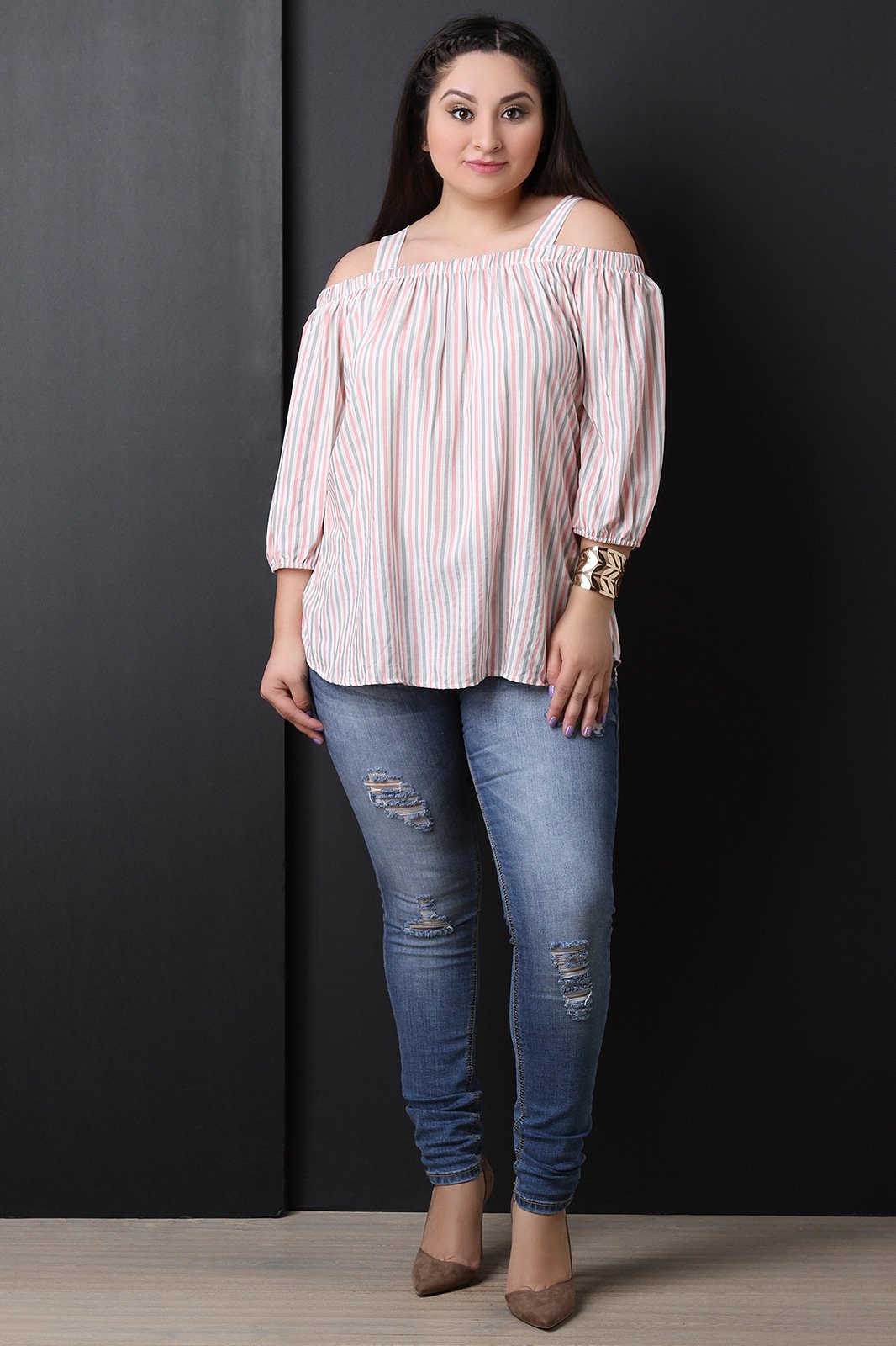 Lightweight Cold Shoulder Striped Top