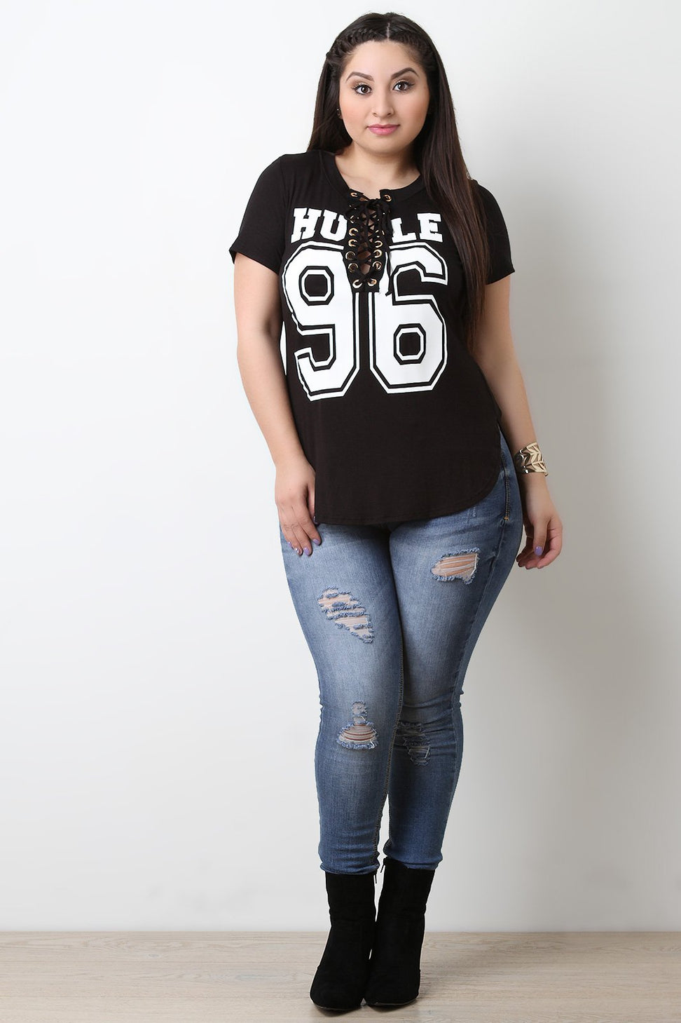 Short Sleeve 96 Graphic Print Design Lace Up Tee