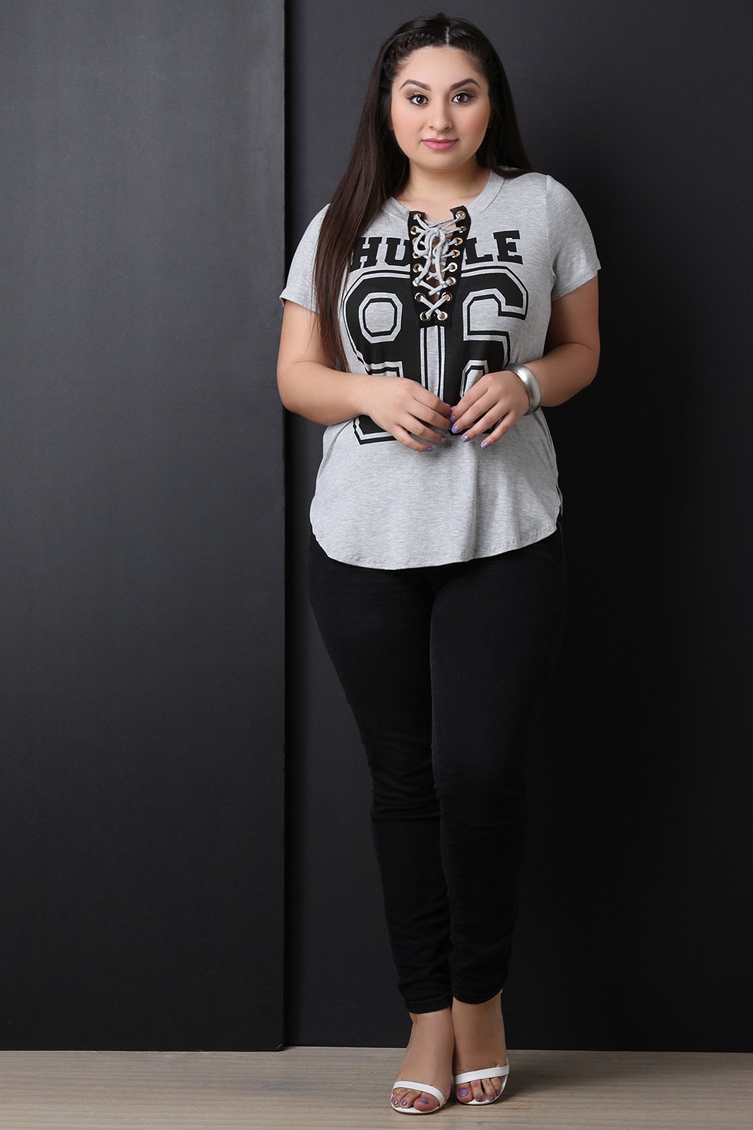 Short Sleeve 96 Graphic Print Design Lace Up Tee