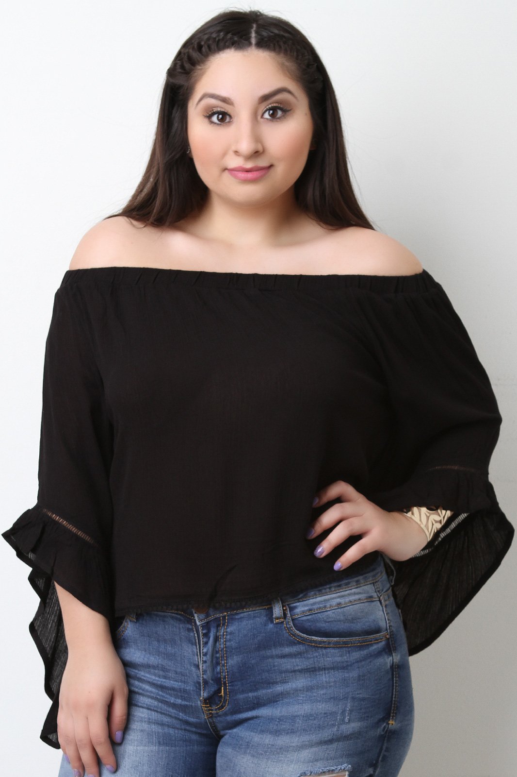 Off The Shoulder Crochet Trim Bell Sleeve Top