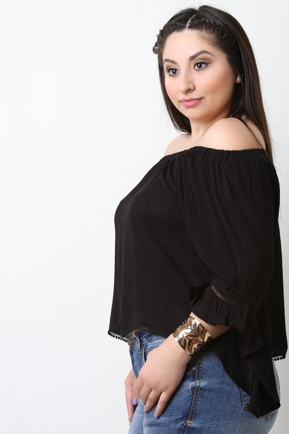 Off The Shoulder Crochet Trim Bell Sleeve Top