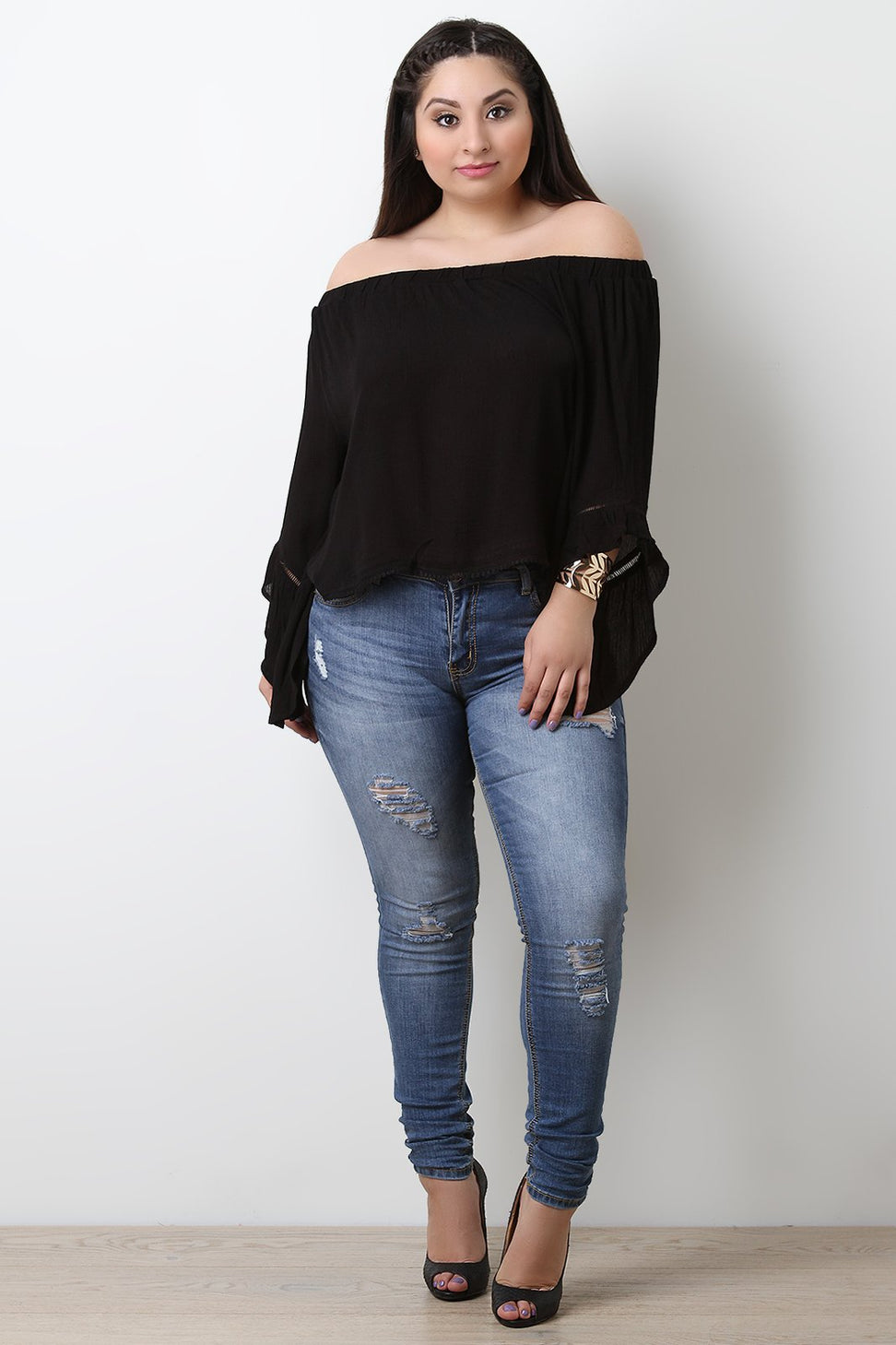 Off The Shoulder Crochet Trim Bell Sleeve Top