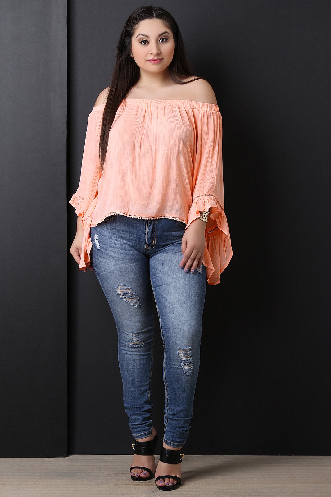 Off The Shoulder Crochet Trim Bell Sleeve Top