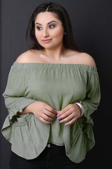 Off The Shoulder Crochet Trim Bell Sleeve Top