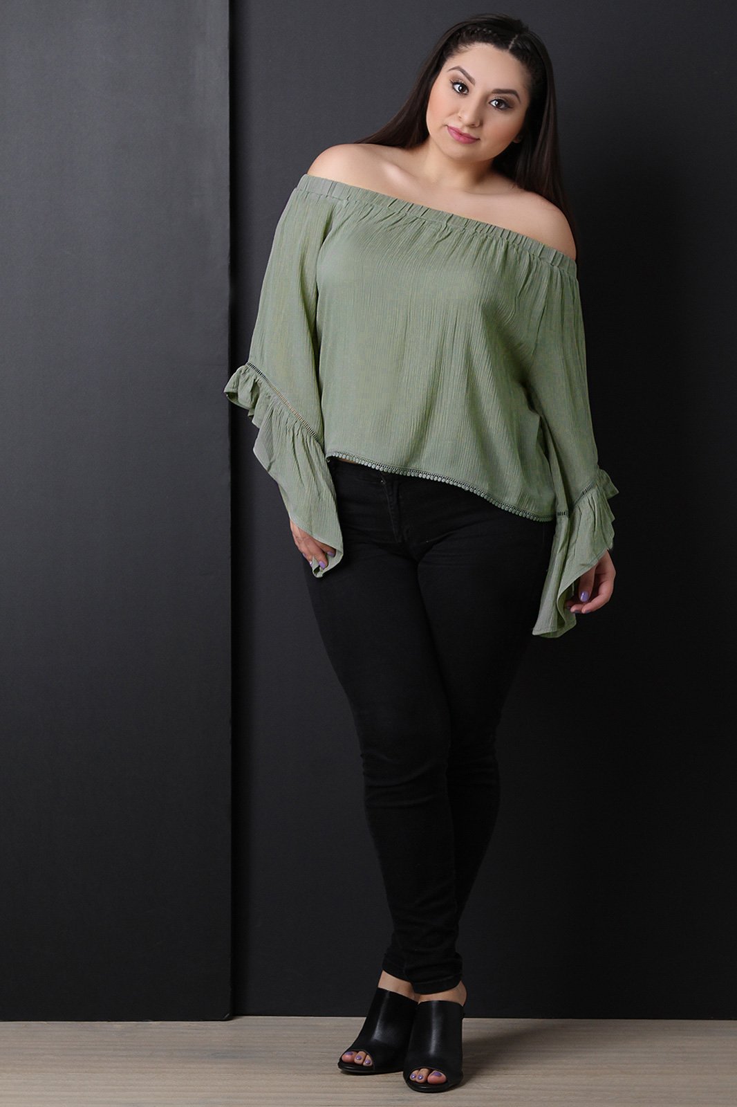 Off The Shoulder Crochet Trim Bell Sleeve Top