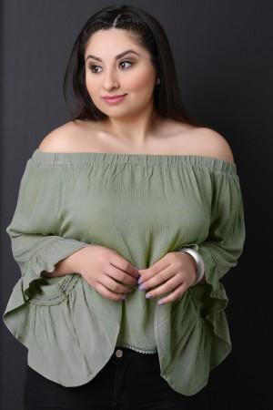 Off The Shoulder Crochet Trim Bell Sleeve Top