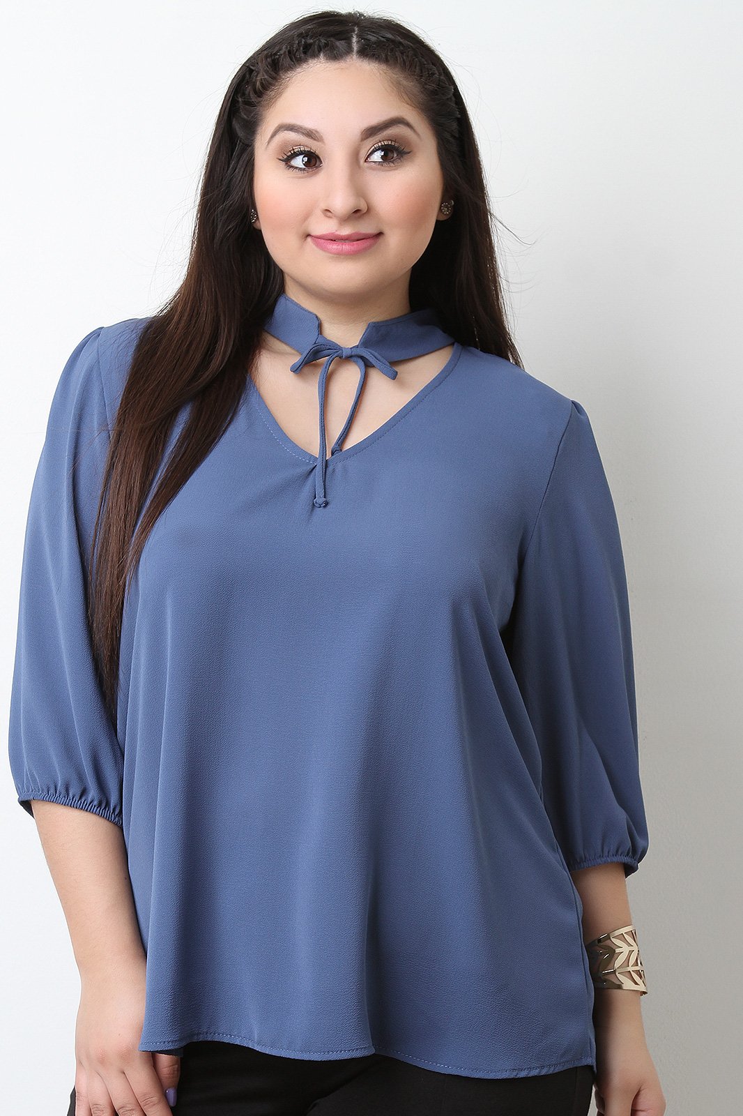 Textured Knit Self Tie Choker Boxy Top