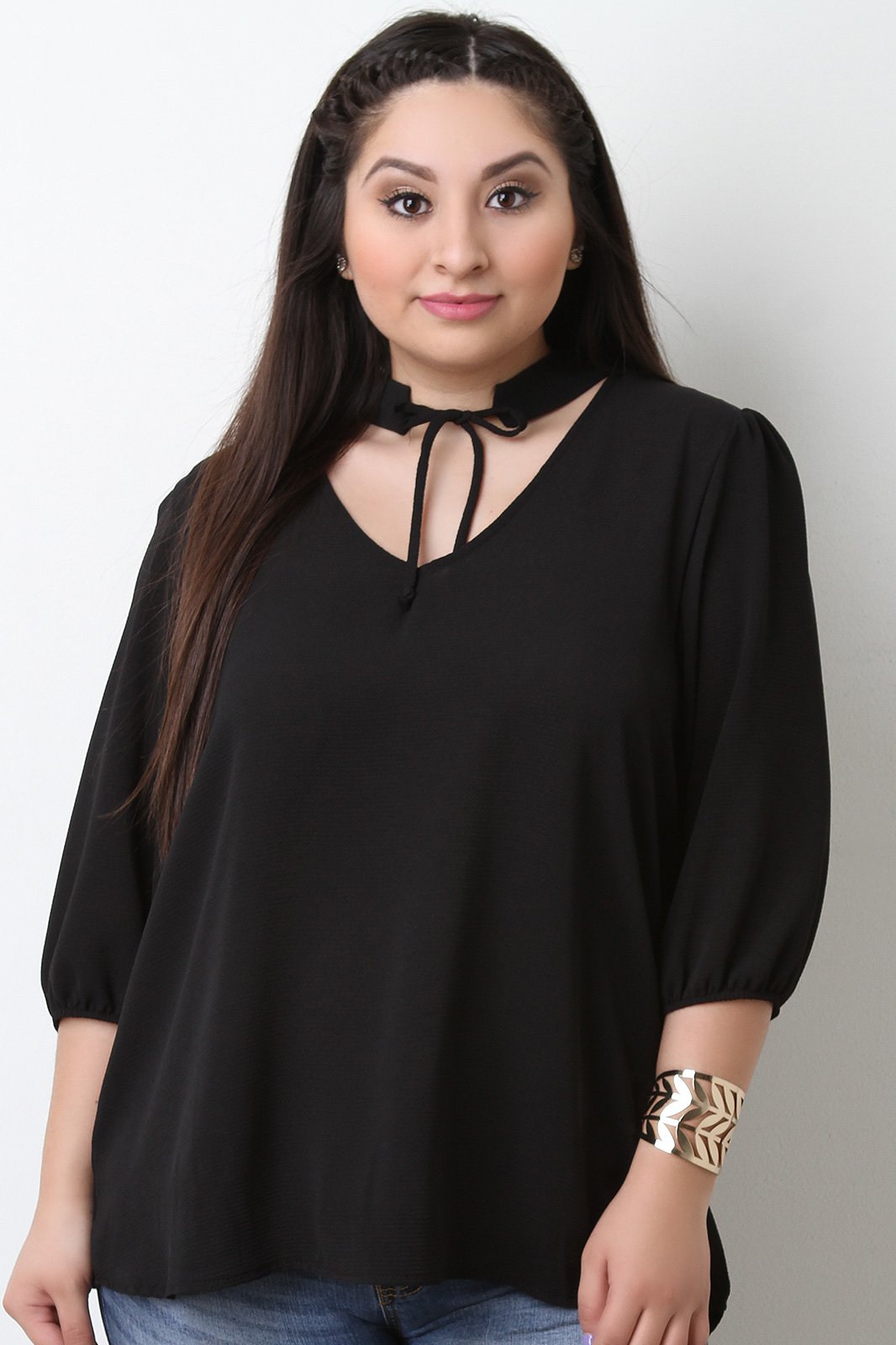 Textured Knit Self Tie Choker Boxy Top