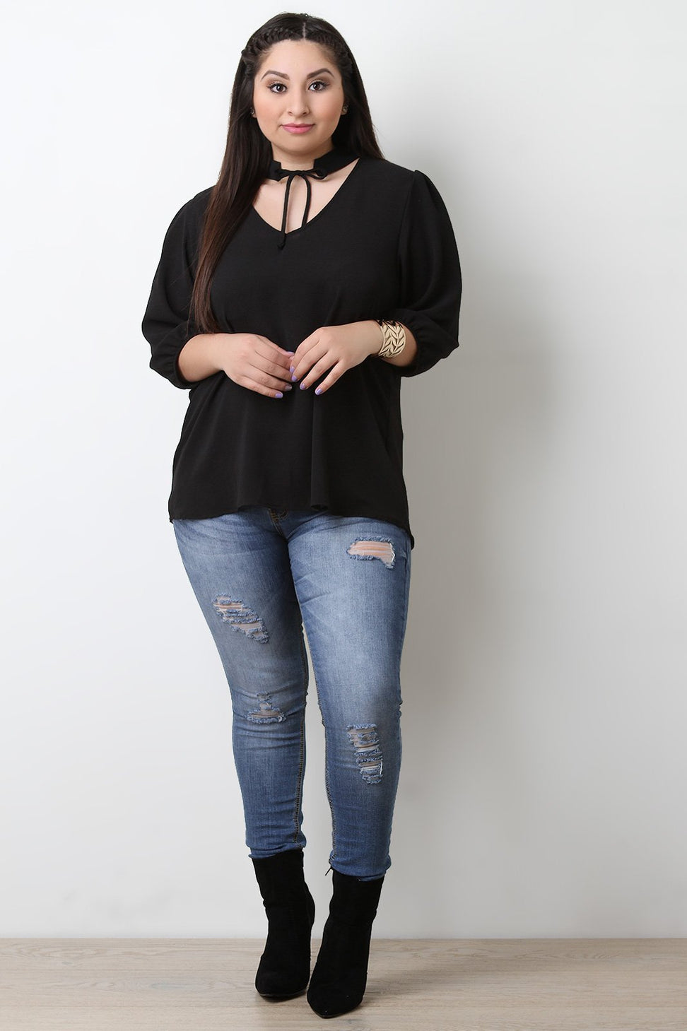 Textured Knit Self Tie Choker Boxy Top