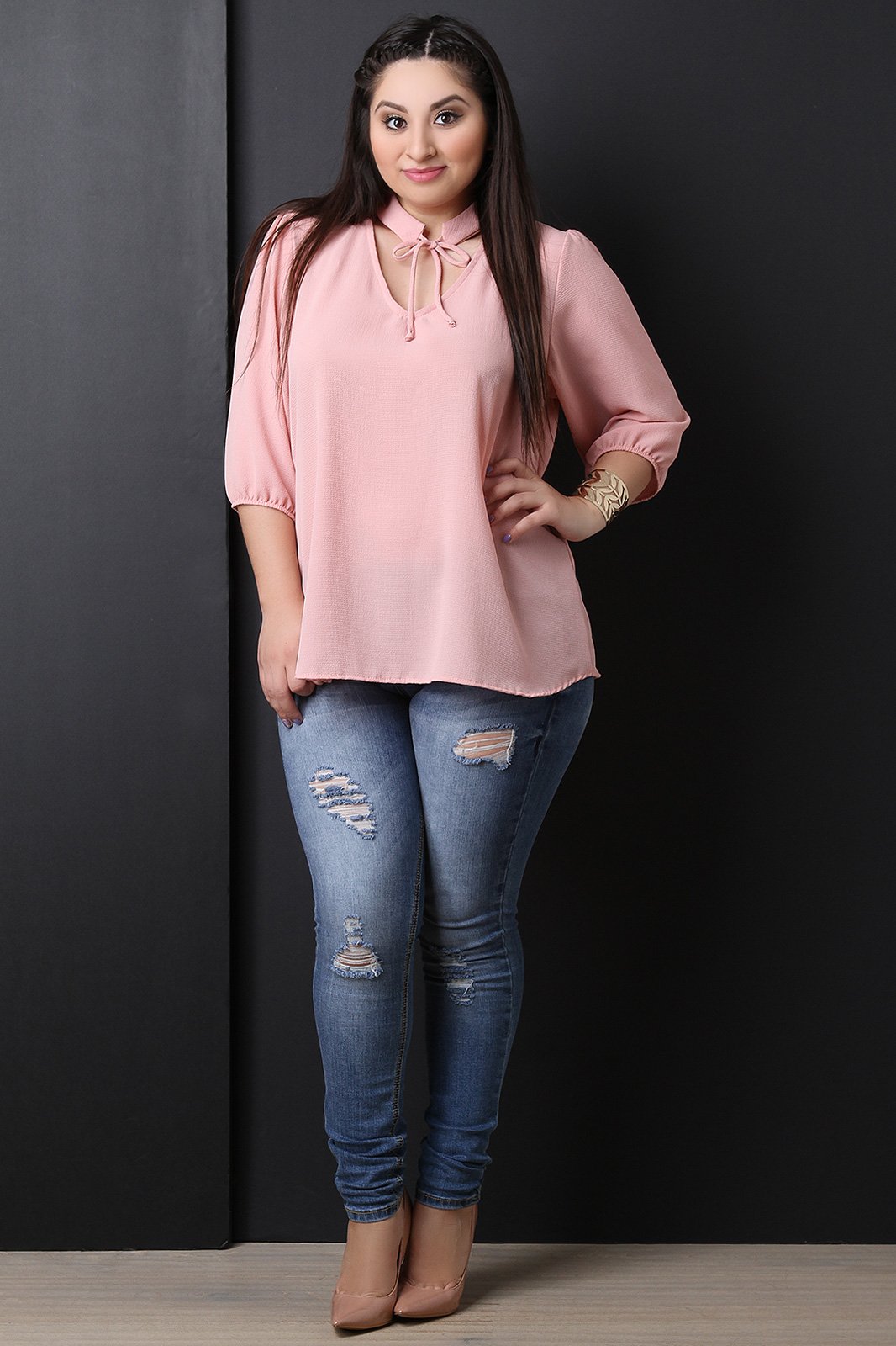 Textured Knit Self Tie Choker Boxy Top