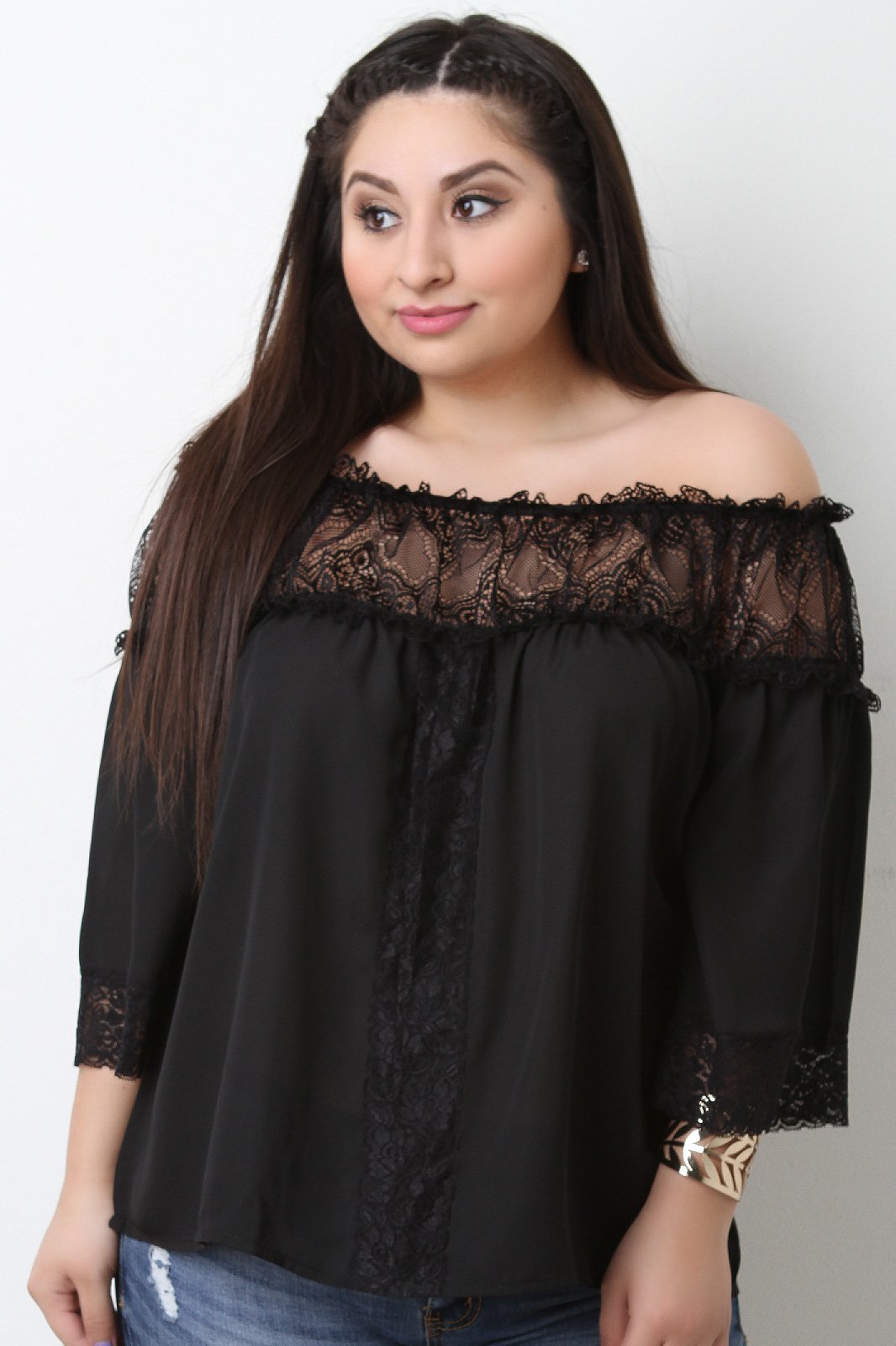 Chiffon Off The Shoulder Semi-Sheer Lace Top