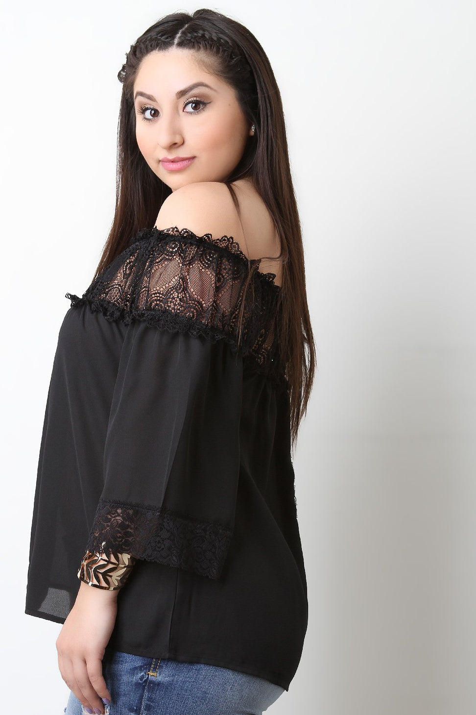 Chiffon Off The Shoulder Semi-Sheer Lace Top