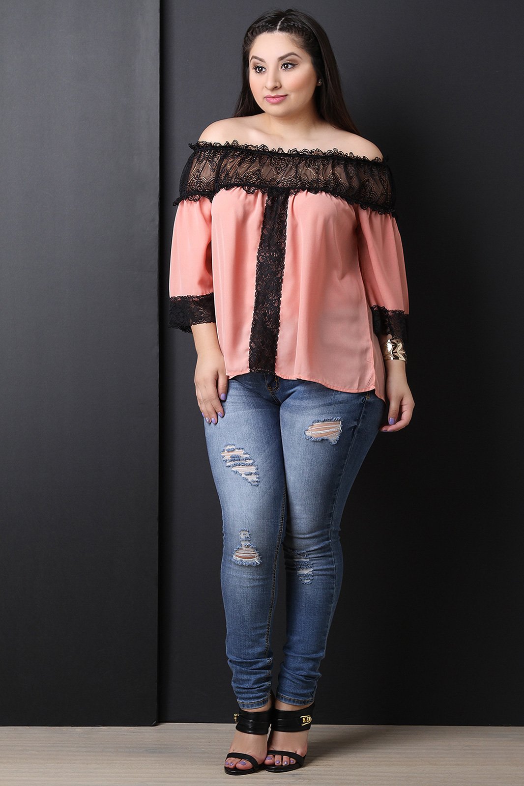 Chiffon Off The Shoulder Semi-Sheer Lace Top