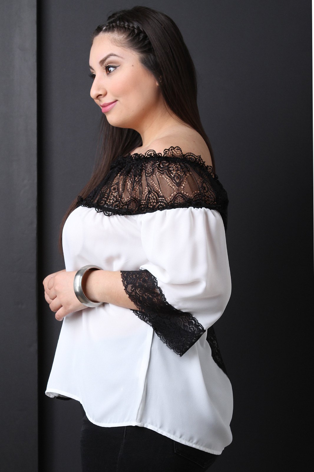 Chiffon Off The Shoulder Semi-Sheer Lace Top