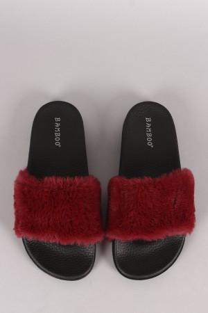 Bamboo Open Toe Fluffy Faux Fur Slide Sandal