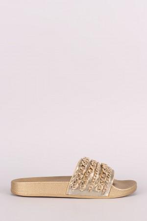 Chain Embellished Open Toe Slide Sandal