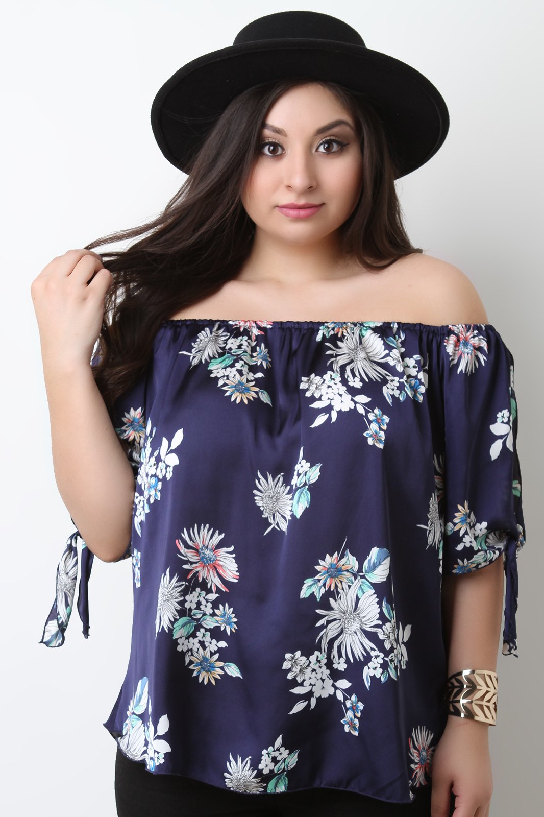 Floral Satin Off The Shoulder Self-Tie Sleeve Top