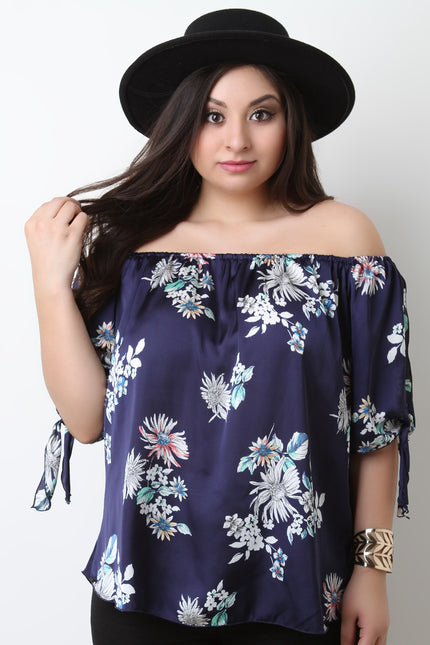 Floral Satin Off The Shoulder Self-Tie Sleeve Top