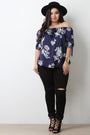 Floral Satin Off The Shoulder Self-Tie Sleeve Top
