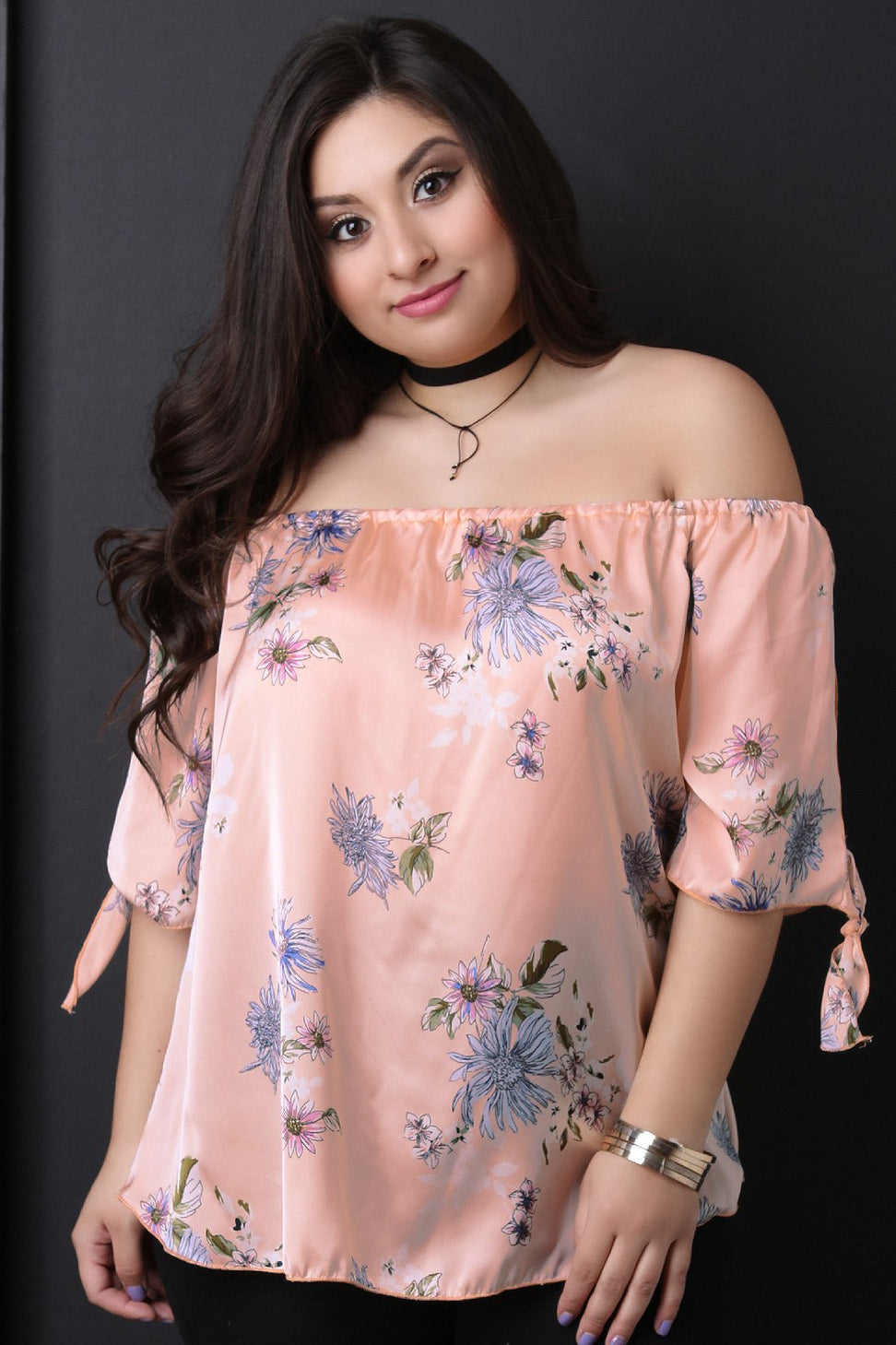 Floral Satin Off The Shoulder Self-Tie Sleeve Top