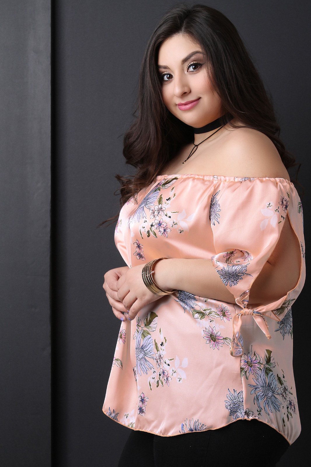 Floral Satin Off The Shoulder Self-Tie Sleeve Top