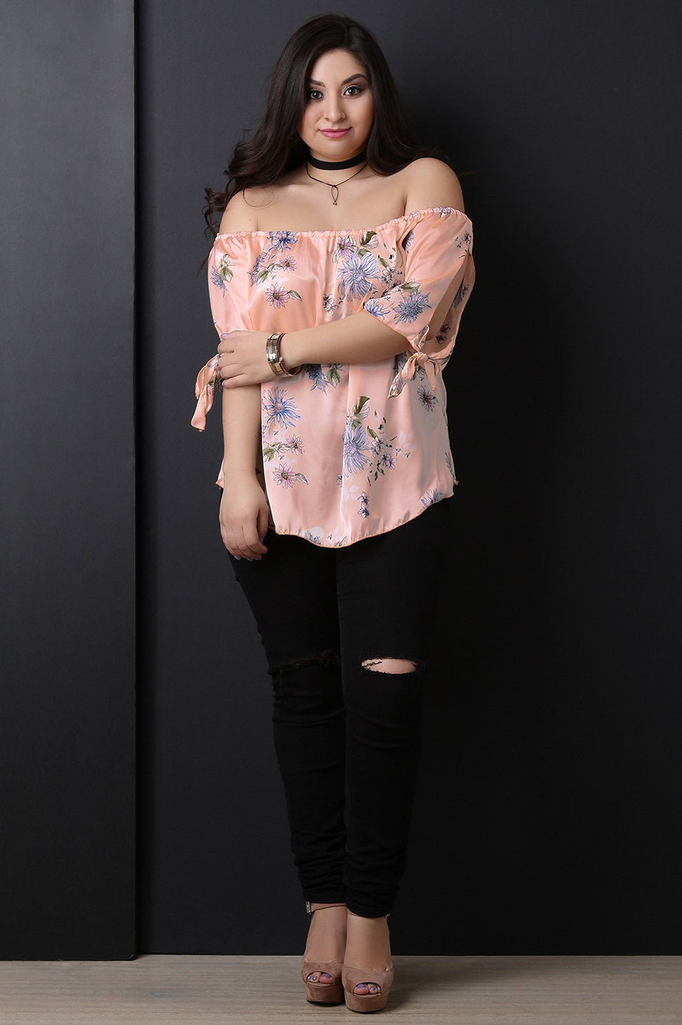 Floral Satin Off The Shoulder Self-Tie Sleeve Top