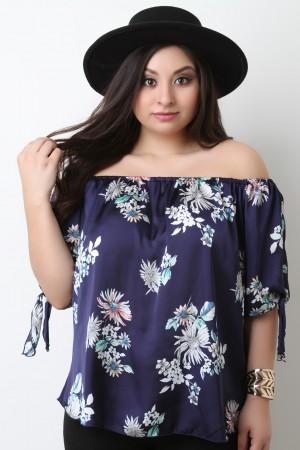 Floral Satin Off The Shoulder Self-Tie Sleeve Top
