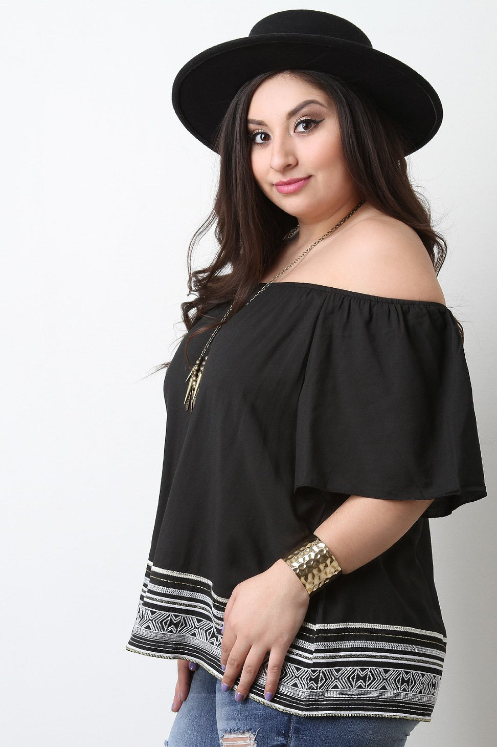 Embroidered Hem Off The Shoulder Top