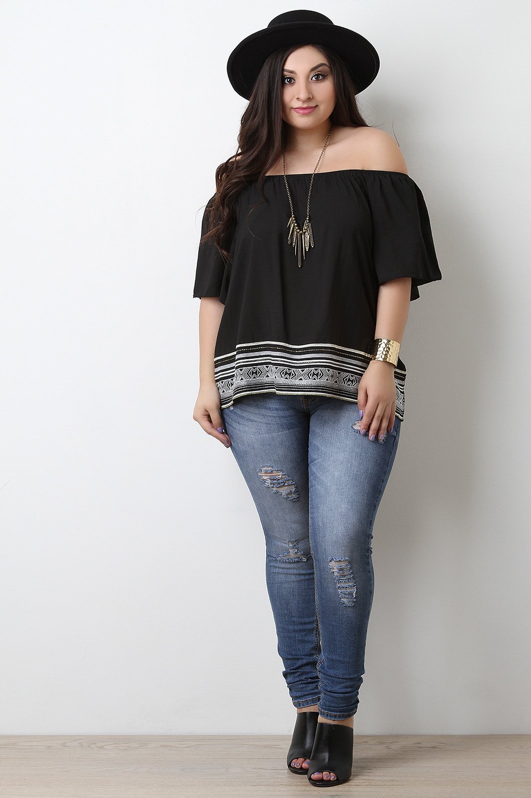 Embroidered Hem Off The Shoulder Top