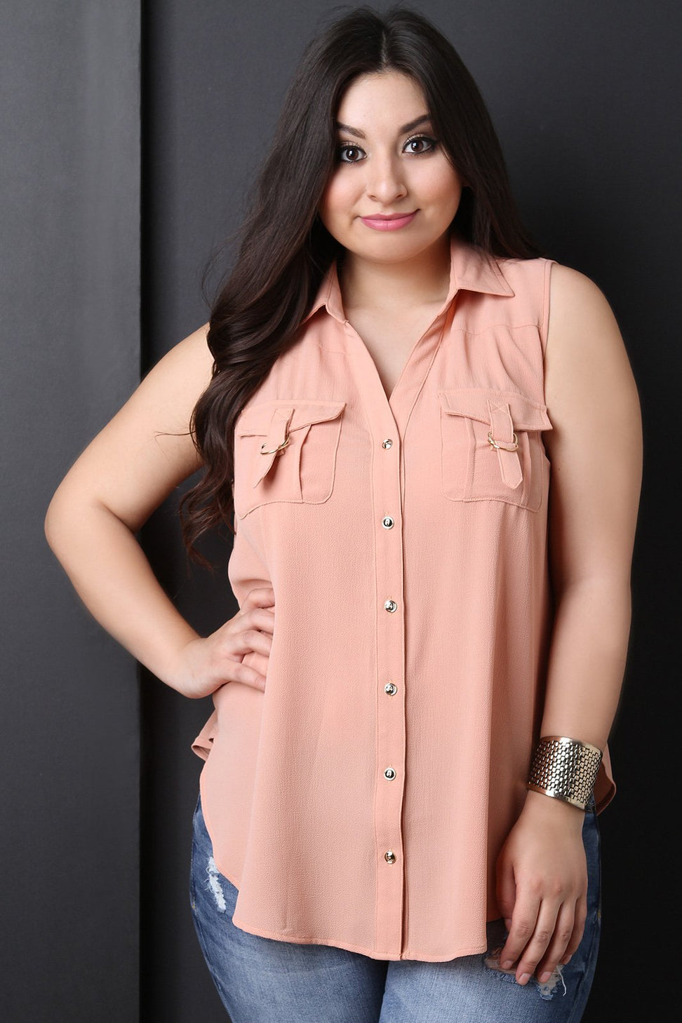 Textured Sleeveless Button Up Pocket Top