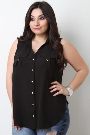 Textured Sleeveless Button Up Pocket Top