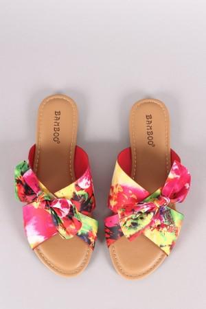 Bamboo Floral Satin Crisscross Bow Slide Sandal