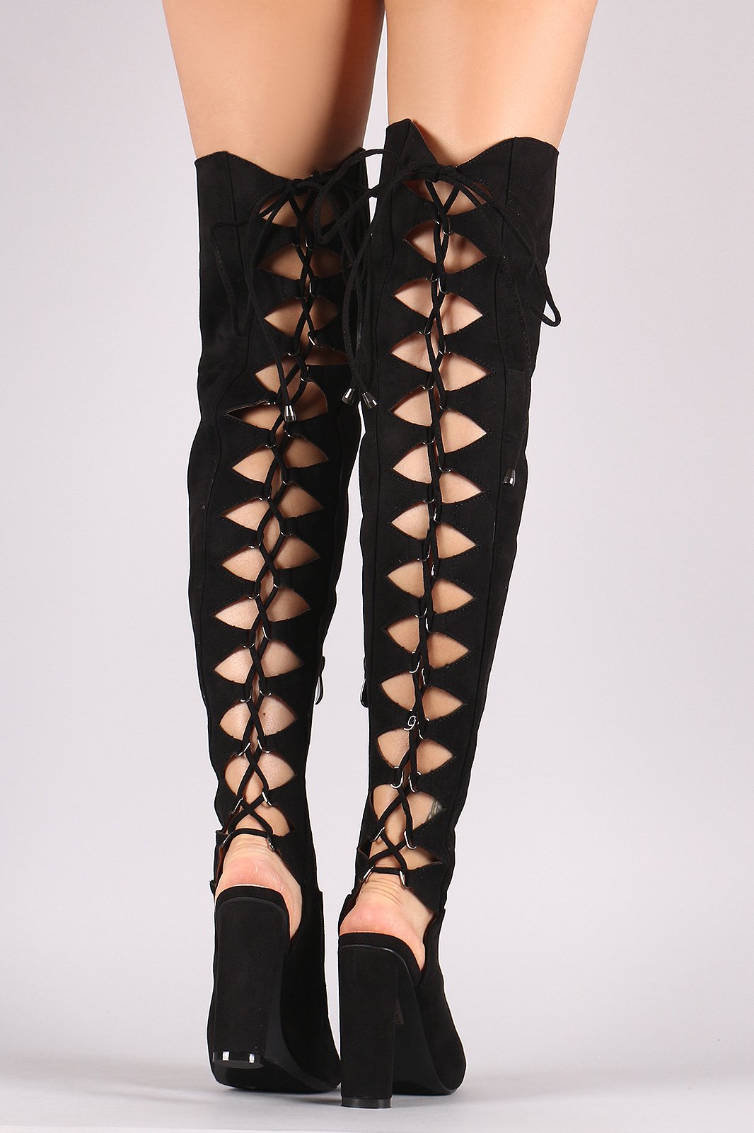 Suede Back Lace Up Chunky Heeled Over-The-Knee Boots