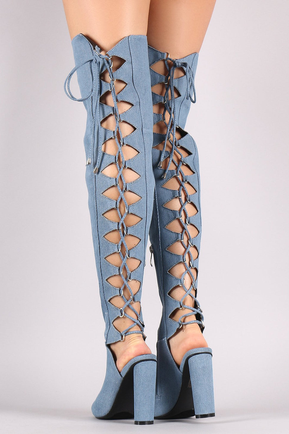 Denim Back Lace Up Chunky Heeled Over-The-Knee Boots
