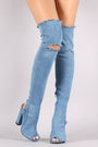 Shoe Republic LA Denim Knee Slit Chunky Heeled OTK Boots