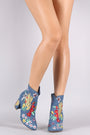 Shoe Republic LA Denim Embroidery Floral Chunky Heeled Booties