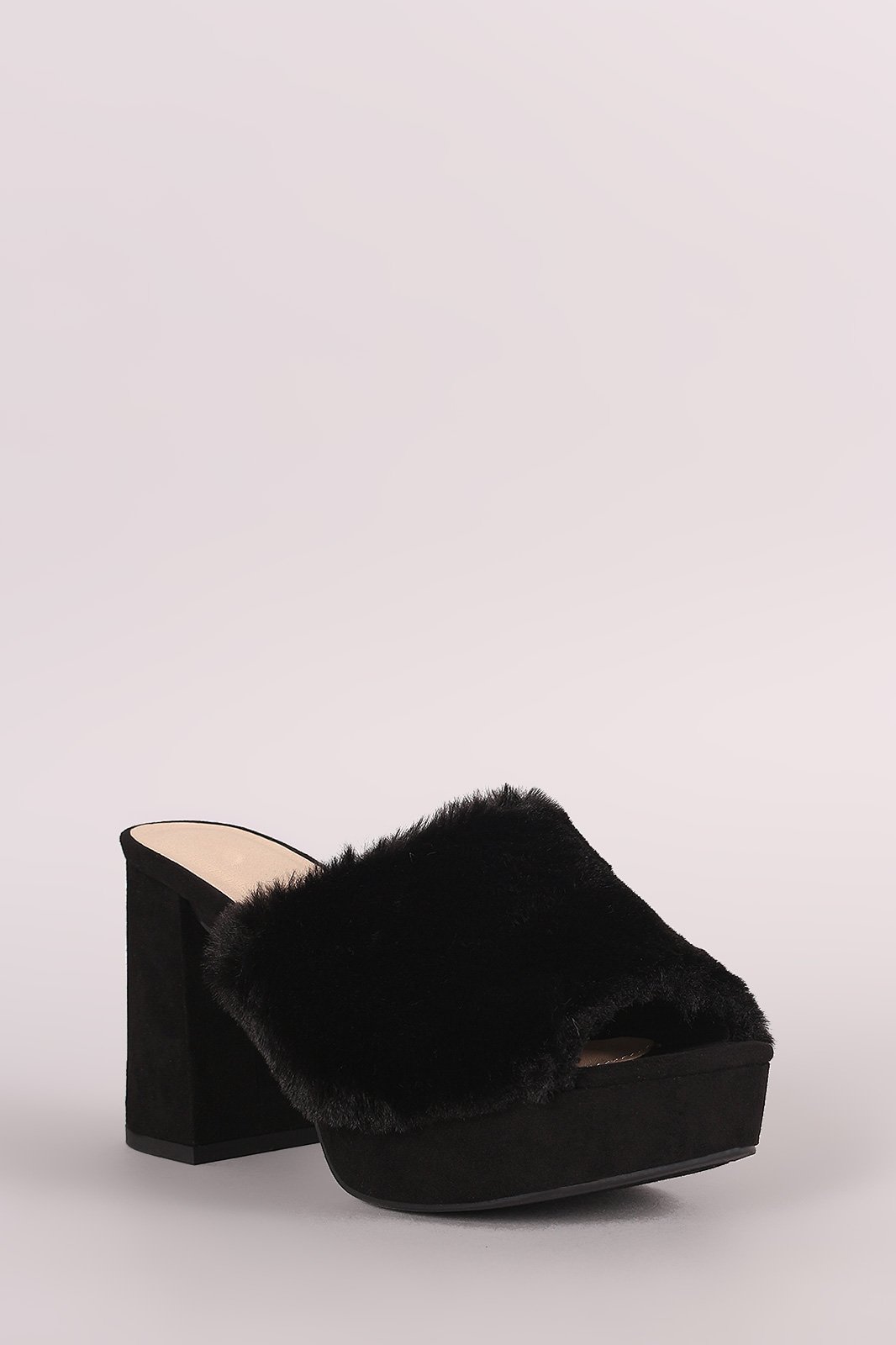 Qupid Fluffy Fur Trim Chunky Mule Heel