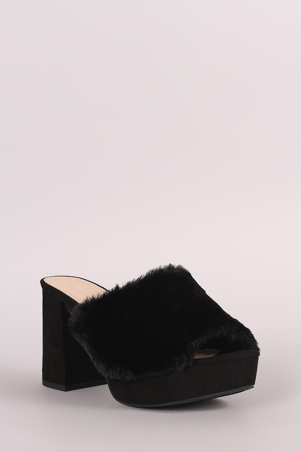 Qupid Fluffy Fur Trim Chunky Mule Heel